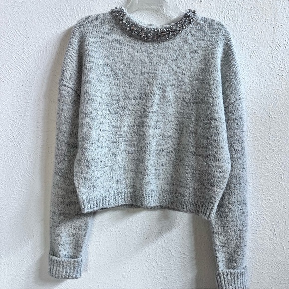 NWT J Crew embellished rhinestone gray sweater - Picture 6 of 12